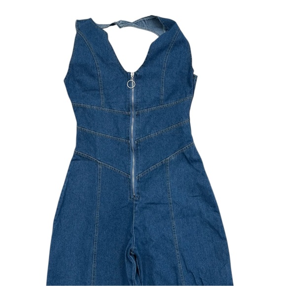 Unbranded Blue Halter Denim Jumpsuit Heart Back Cutout - Picture 2 of 6